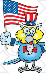 Clipart Illustration of a Patriotic Uncle Sam Budgie Waving An American Flag On Independence Day
