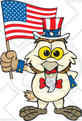 Clipart Illustration of a Patriotic Uncle Sam Barn Owl Waving An American Flag On Independence Day