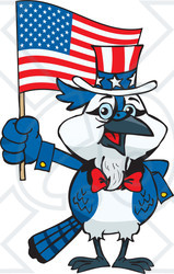 Clipart Illustration of a Patriotic Uncle Sam Blue Jay Waving An American Flag On Independence Day
