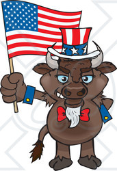 Clipart Illustration of a Patriotic Uncle Sam Bison Waving An American Flag On Independence Day