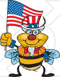 Clipart Illustration of a Patriotic Uncle Sam Bumble Bee Waving An American Flag On Independence Day