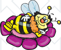 Clipart Illustration of a Honey Bee Character Relaxing On A Purple Flower