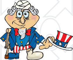 Clipart Illustration of an American Uncle Sam With A Foot In A Cast, Using A Crutch