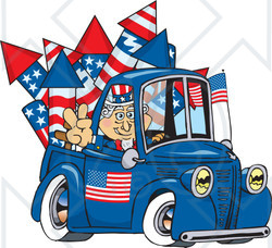 Clipart Illustration of an American Uncle Sam Driving A Truck With Fireworks In The Bed
