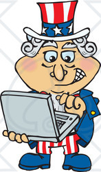 Clipart Illustration of an American Uncle Sam Emailing On A Laptop