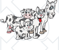Clipart Illustration of a Cloned Matching Cat, Dog, Horse And Cow
