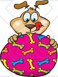 Royalty-free (RF) Clipart Illustration of a Dog Character Eyeing A Pink Easter Egg With A Bone Pattern
