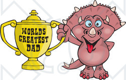 Royalty-free (RF) Clipart Illustration of a Pink Triceratops Dino Character Holding A Golden Worlds Greatest Dad Trophy