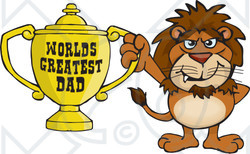 Royalty-free (RF) Clipart Illustration of a Lion Wildcat Character Holding A Golden Worlds Greatest Dad Trophy