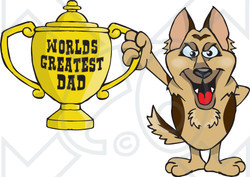 Royalty-free (RF) Clipart Illustration of a German Shepherd Dog Character Holding A Golden Worlds Greatest Dad Trophy