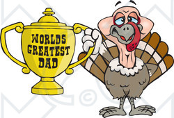 Royalty-free (RF) Clipart Illustration of a Turkey Bird Character Holding A Golden Worlds Greatest Dad Trophy