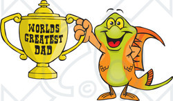 Royalty-free (RF) Clipart Illustration of a Swordtail Fish Character Holding A Golden Worlds Greatest Dad Trophy