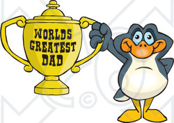 Royalty-free (RF) Clipart Illustration of a Penguin Bird Character Holding A Golden Worlds Greatest Dad Trophy