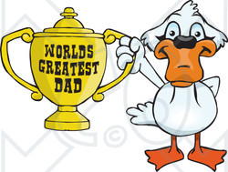 Royalty-free (RF) Clipart Illustration of a Mute Swan Bird Character Holding A Golden Worlds Greatest Dad Trophy