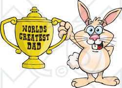 Royalty-free (RF) Clipart Illustration of a Rabbit Character Holding A Golden Worlds Greatest Dad Trophy