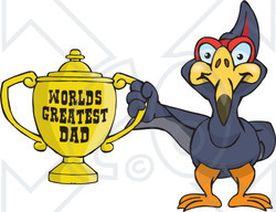 Royalty-free (RF) Clipart Illustration of a Terradactyl Bird Character Holding A Golden Worlds Greatest Dad Trophy