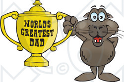 Royalty-free (RF) Clipart Illustration of a Sea Lion Character Holding A Golden Worlds Greatest Dad Trophy