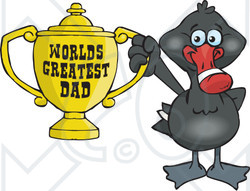 Royalty-free (RF) Clipart Illustration of a Black Swan Bird Character Holding A Golden Worlds Greatest Dad Trophy