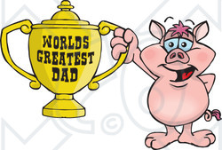 Royalty-free (RF) Clipart Illustration of a Pig Character Holding A Golden Worlds Greatest Dad Trophy