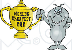 Royalty-free (RF) Clipart Illustration of a Shark Character Holding A Golden Worlds Greatest Dad Trophy