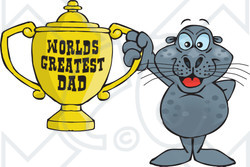 Royalty-free (RF) Clipart Illustration of a Seal Character Holding A Golden Worlds Greatest Dad Trophy