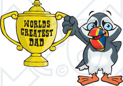 Royalty-free (RF) Clipart Illustration of a Puffin Bird Character Holding A Golden Worlds Greatest Dad Trophy