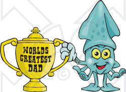 Royalty-free (RF) Clipart Illustration of a Squid Character Holding A Golden Worlds Greatest Dad Trophy
