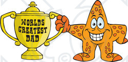 Royalty-free (RF) Clipart Illustration of a Starfish Character Holding A Golden Worlds Greatest Dad Trophy