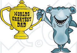 Royalty-free (RF) Clipart Illustration of a Hammerhead Shark Character Holding A Golden Worlds Greatest Dad Trophy