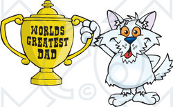 Royalty-free (RF) Clipart Illustration of a Terrier Dog Character Holding A Golden Worlds Greatest Dad Trophy