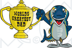Royalty-free (RF) Clipart Illustration of a Tuna Fish Character Holding A Golden Worlds Greatest Dad Trophy