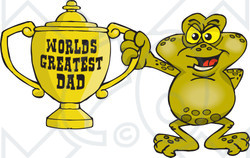 Royalty-free (RF) Clipart Illustration of a Toad Character Holding A Golden Worlds Greatest Dad Trophy
