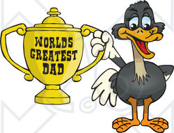 Royalty-free (RF) Clipart Illustration of an Ostrich Bird Character Holding A Golden Worlds Greatest Dad Trophy
