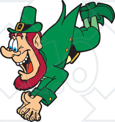 Royalty-Free (RF) Clipart Illustration of a St Patricks Day Leprechaun Diving With An Excited Expression
