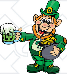 Royalty-Free (RF) Clipart Illustration of a St Patricks Day Leprechaun Holding A Pot Of Gold And Green Beer