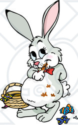 Royalty-Free (RF) Clipart Illustration of a Chubby Easter Bunny With Chocolate Smears On Its Fur, Standing By A Basket And Candy Wrappers