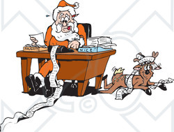Royalty-Free (RF) Clipart Illustration of a Reindeer Resting Beside Santa As He Organizes His Naughty And Nice Lists