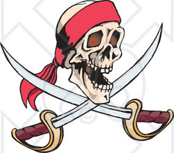 Royalty-Free (RF) Clipart Illustration of a Human Pirate Skull With Crossed Swords