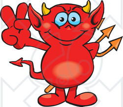 Royalty-Free (RF) Clipart Illustration of a Peaceful Red Devil Gesturing The Peace Sign