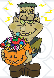Royalty-Free (RF) Clipart Illustration of a Trick Or Treating Frankenstein Holding A Pumpkin Basket Full Of Halloween Candy