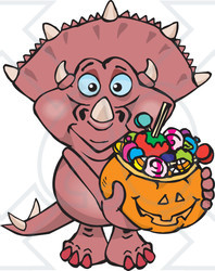 Royalty-Free (RF) Clipart Illustration of a Trick Or Treating Triceratops Holding A Pumpkin Basket Full Of Halloween Candy