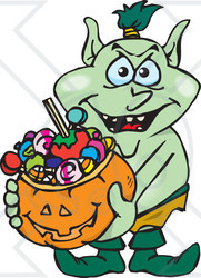 Royalty-Free (RF) Clipart Illustration of a Trick Or Treating Goblin Holding A Pumpkin Basket Full Of Halloween Candy
