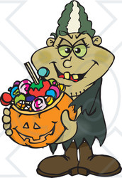 Royalty-Free (RF) Clipart Illustration of a Trick Or Treating Bride of Frankenstein Holding A Pumpkin Basket Full Of Halloween Candy