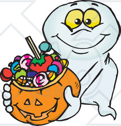 Royalty-Free (RF) Clipart Illustration of a Trick Or Treating Friendly Ghost Holding A Pumpkin Basket Full Of Halloween Candy