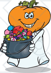 Royalty-Free (RF) Clipart Illustration of a Trick Or Treating Jack O Lantern Holding A Cauldron Full Of Halloween Candy