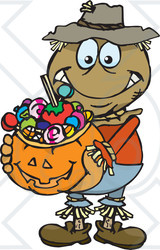 Royalty-Free (RF) Clipart Illustration of a Trick Or Treating Scarecrow Holding A Pumpkin Basket Full Of Halloween Candy