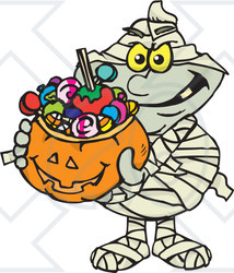 Royalty-Free (RF) Clipart Illustration of a Trick Or Treating Mummy Holding A Pumpkin Basket Full Of Halloween Candy
