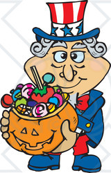 Royalty-Free (RF) Clipart Illustration of a Trick Or Treating Uncle Sam Holding A Pumpkin Basket Full Of Halloween Candy
