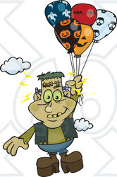 Royalty-Free (RF) Clipart Illustration of Frankenstein Floating Away With Balloons