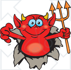 Royalty-Free (RF) Clipart Illustration of a Red Devil Breaking Through A Wall